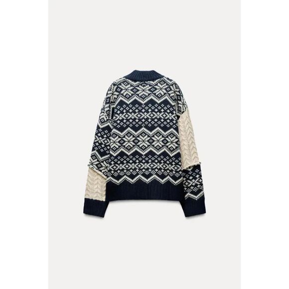 Navy White Zara Fair Isle Cable Knit Zip Front Collared Cardigan Sweater, NWT - Picture 3 of 9